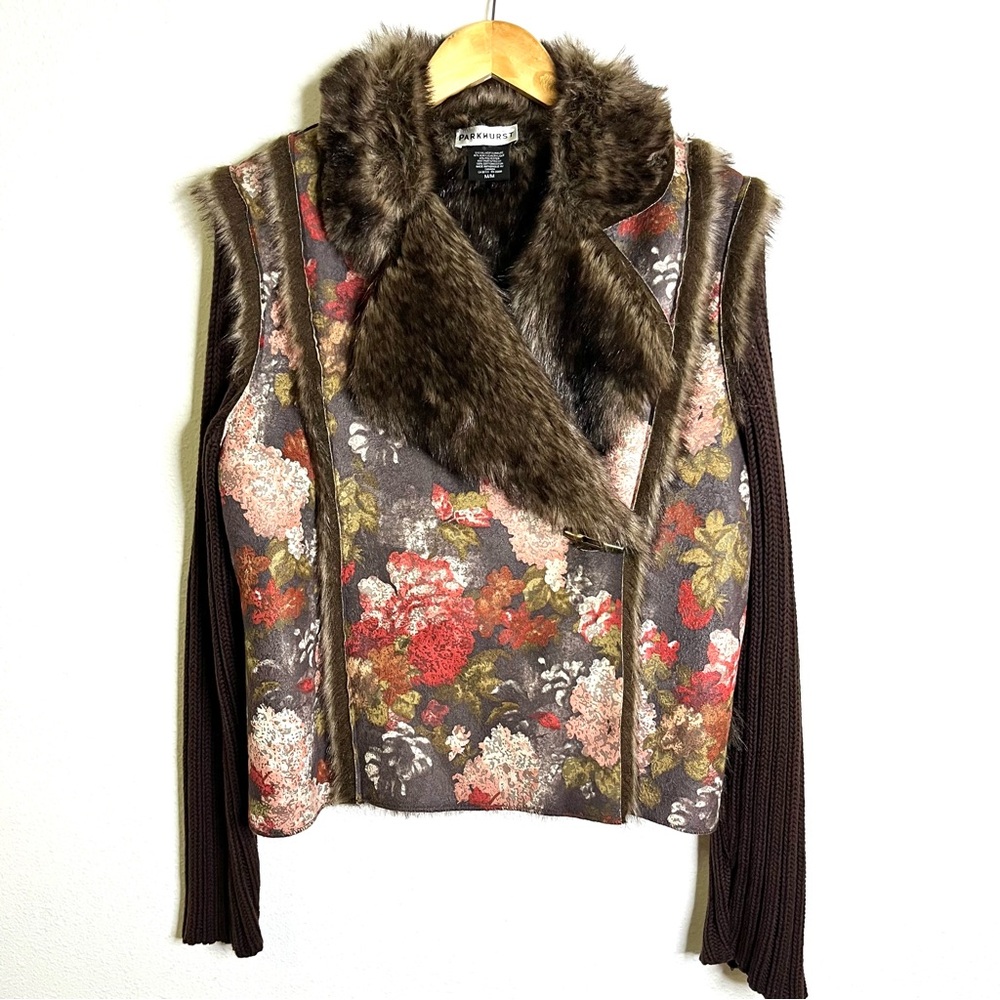Parkhurst Brown Floral Y2K Jacket mobwife faux fur sz M coat knit vintage